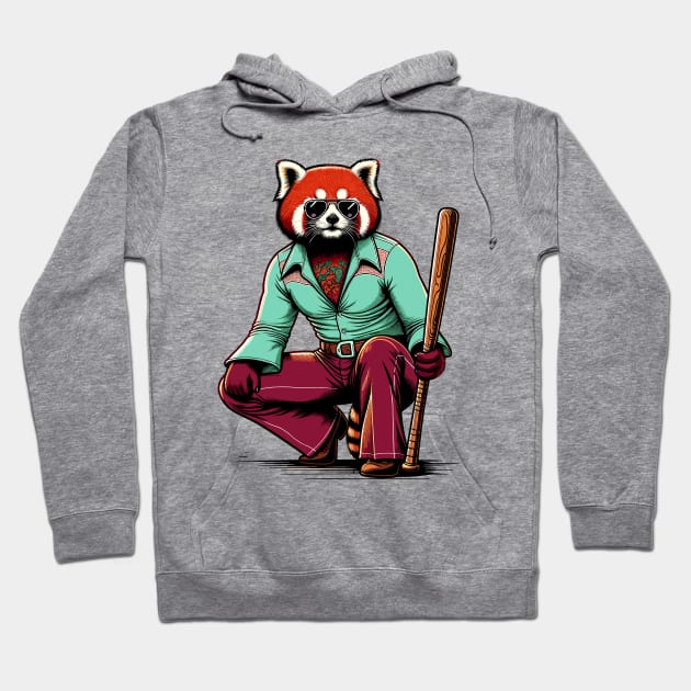 Retro Rebel: 70s Fashion Red panda with baseball batters Hoodie by TimeWarpWildlife